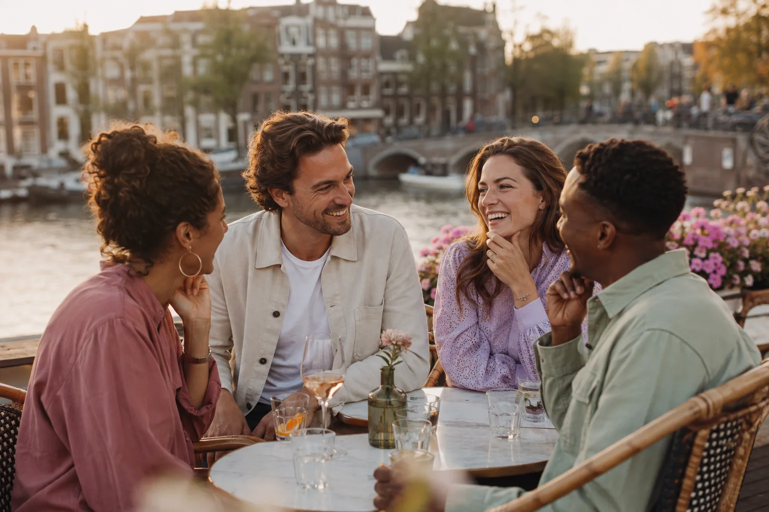 Volwassenen die contact maken tijdens een avond aan een Nederlandse gracht.